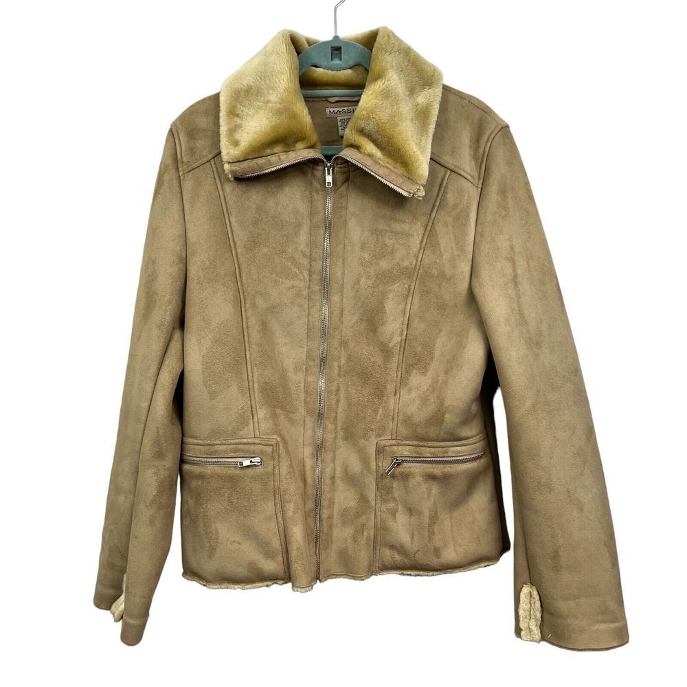 Massini Faux Suede Coat Fully Fur Lined Zip Pockets Tan Women Size L